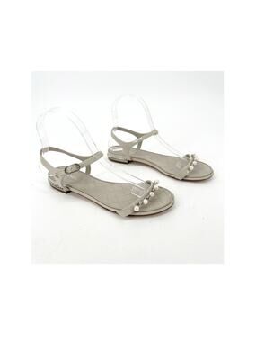 Chanel 37C Gray Quilted Leather Faux Pearl CC Logo Ankle Strap Flat Sandals